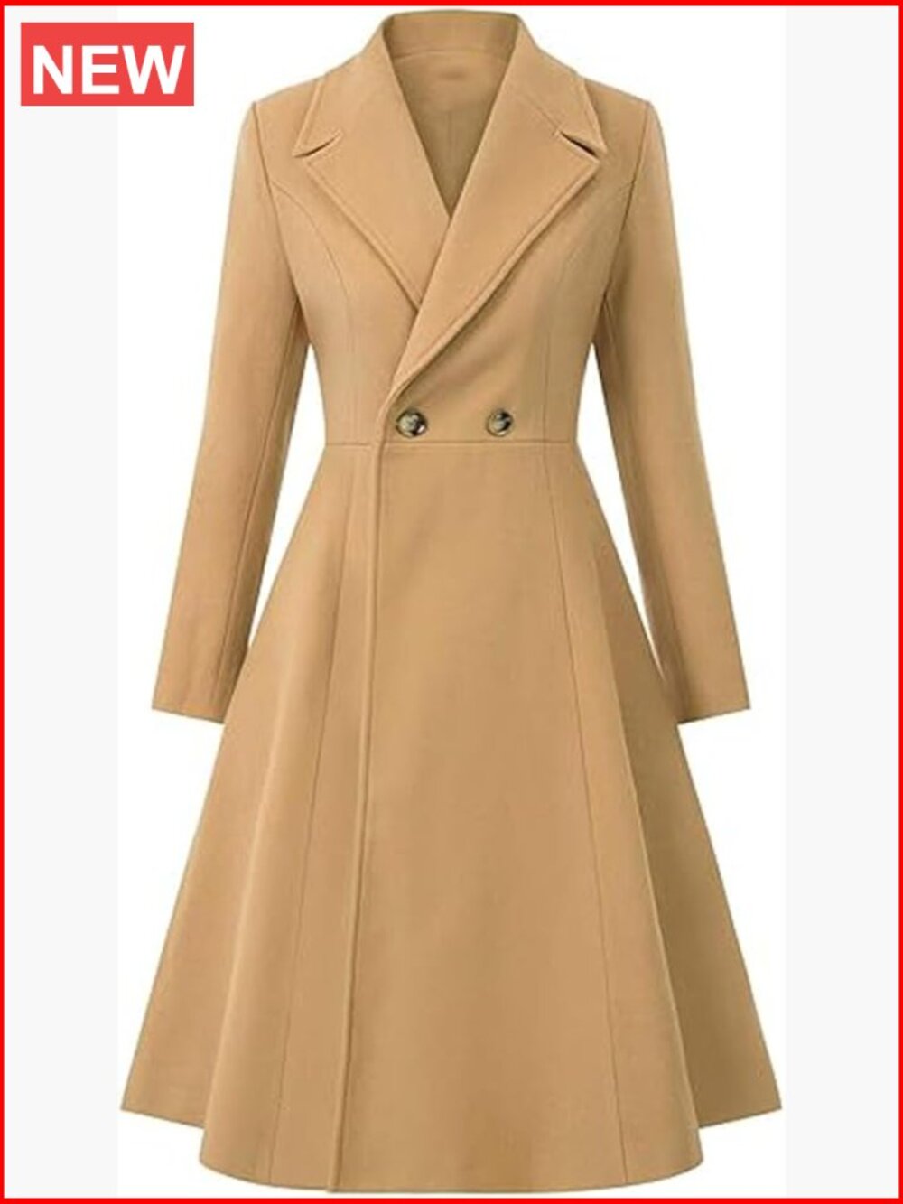 Women's Double Breasted Wool Blend Pea Coat Swing A Line Trench Coat